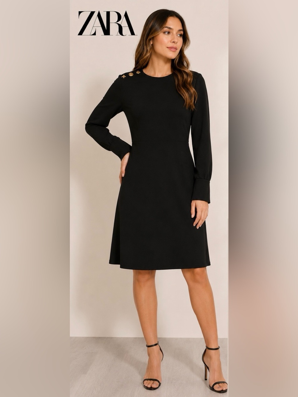 ZARA Black Long Sleeve Midi Dress Gold Shoulder Embellished Size M NWT